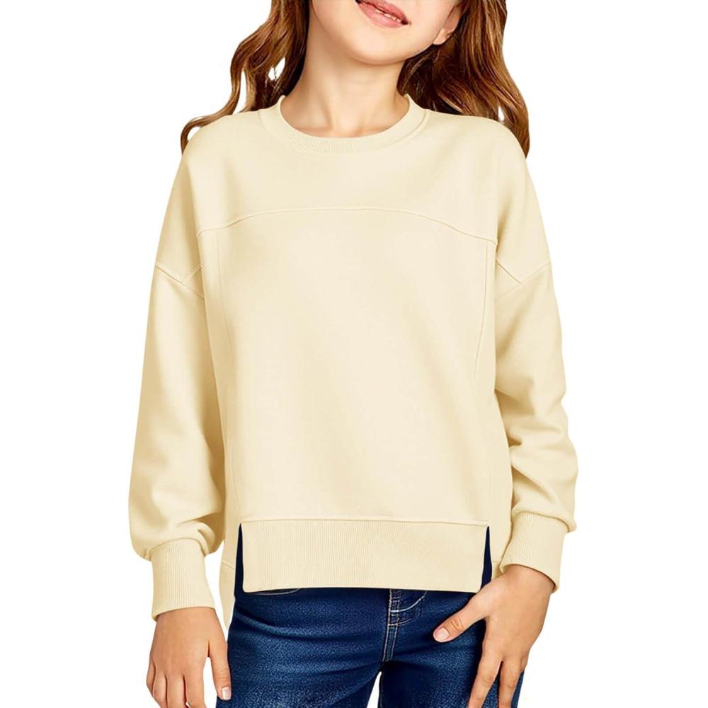 image:imageHaloumoning Girls Casual Crewneck Sweatshirt Kids Long Sleeve Side Slit Oversized Pullover Tops 514YBeige