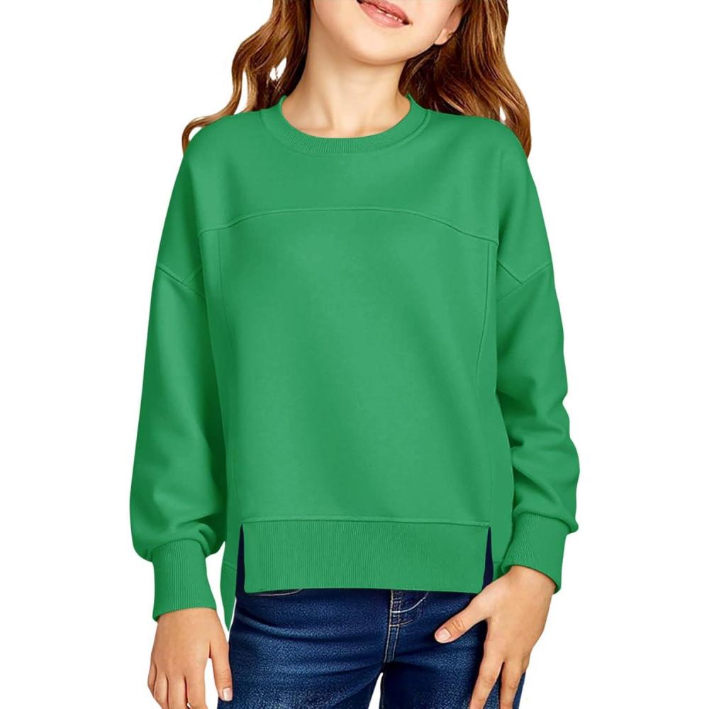 image:imageHaloumoning Girls Casual Crewneck Sweatshirt Kids Long Sleeve Side Slit Oversized Pullover Tops 514YGreen