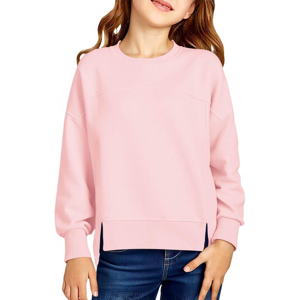 image:imageHaloumoning Girls Casual Crewneck Sweatshirt Kids Long Sleeve Side Slit Oversized Pullover Tops 514YPink