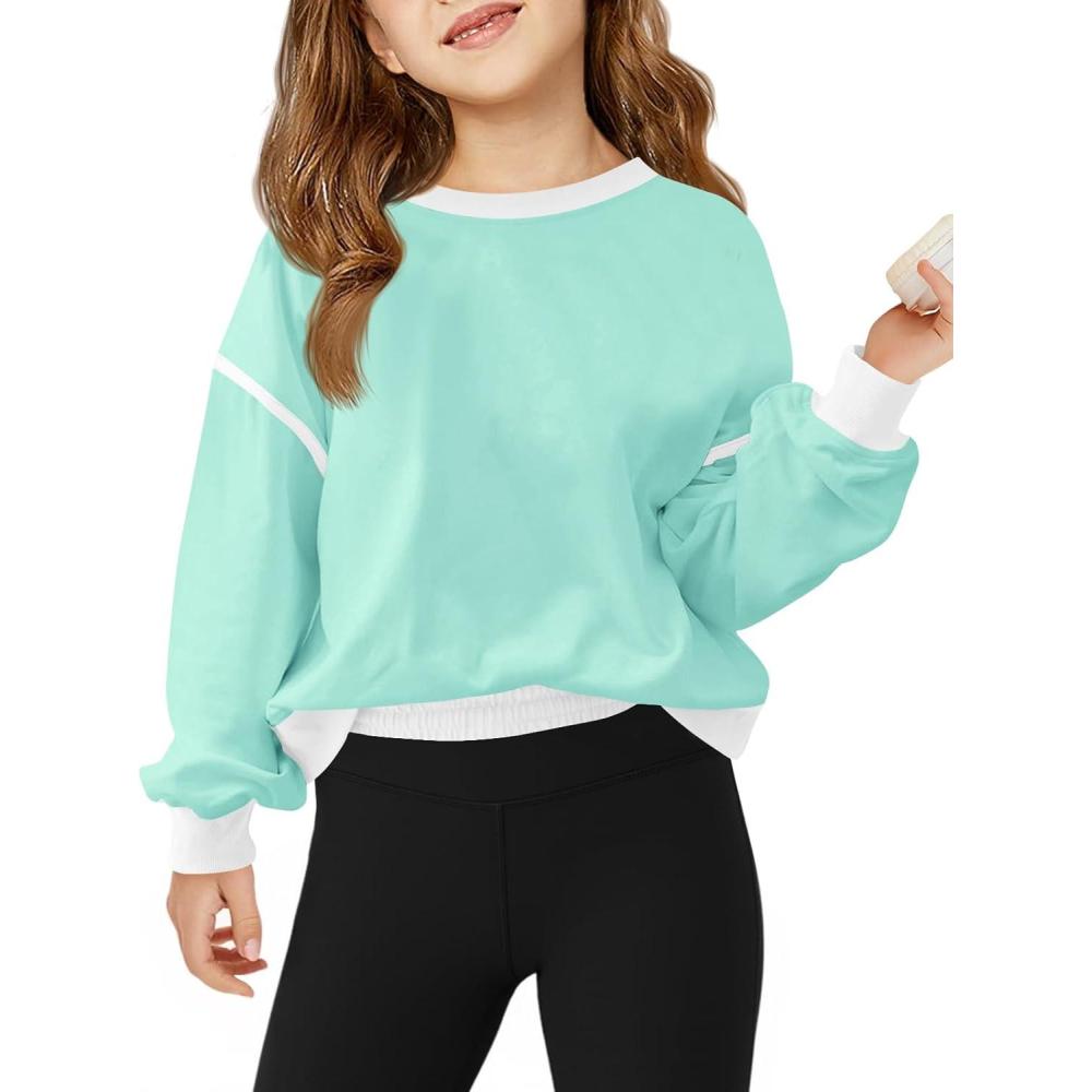 image:imageHaloumoning Girls Casual Crewneck Sweatshirts Long Sleeve Color Block Loose Fit Fall Cute Pullover Tops 514 YearsMint Color