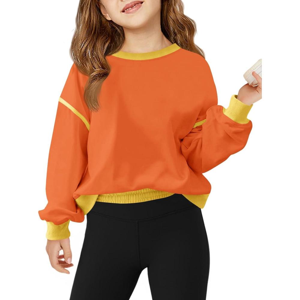 image:imageHaloumoning Girls Casual Crewneck Sweatshirts Long Sleeve Color Block Loose Fit Fall Cute Pullover Tops 514 YearsOrange
