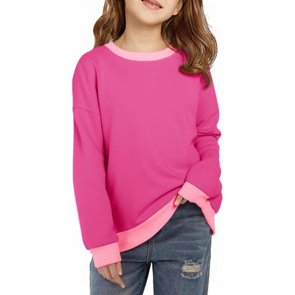 image:imageHaloumoning Girls Crewneck Sweatshirts Kids Casual Long Sleeve Loose Tops Fall Comfy Lightweight Pullovers 514 YearsRose Red