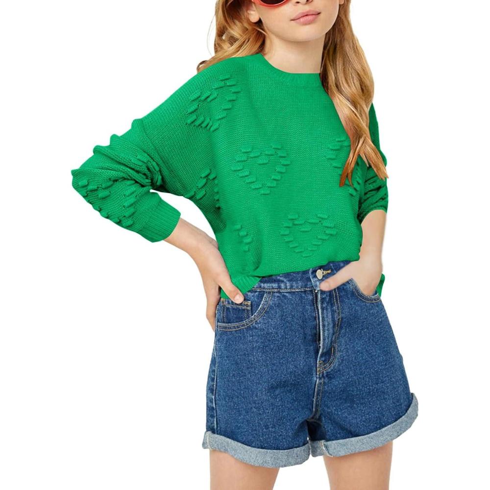 image:imageHaloumoning Girls Cute Heart Love Print Sweater Tops Oversized Crew Neck Dot Ball Knitted Valentine Pullover 514 YearsGreen