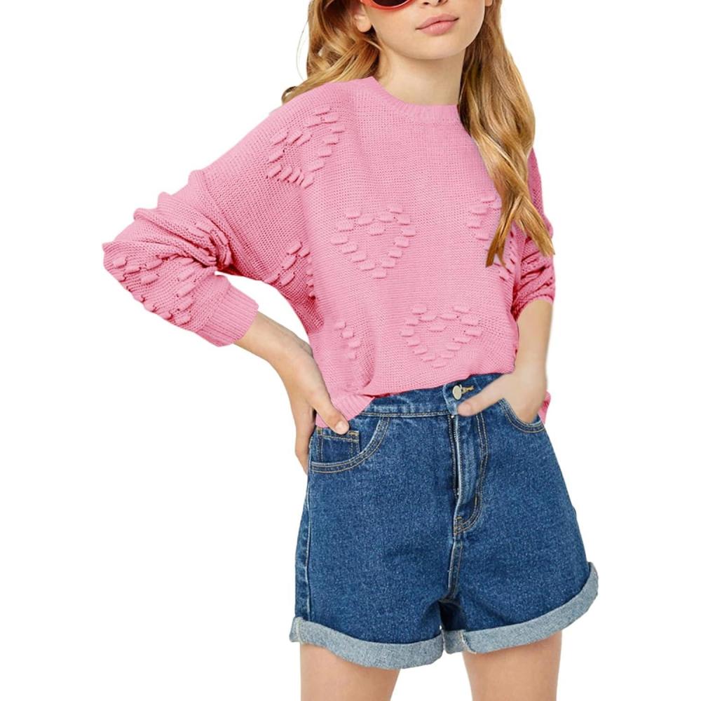 image:imageHaloumoning Girls Cute Heart Love Print Sweater Tops Oversized Crew Neck Dot Ball Knitted Valentine Pullover 514 YearsPink