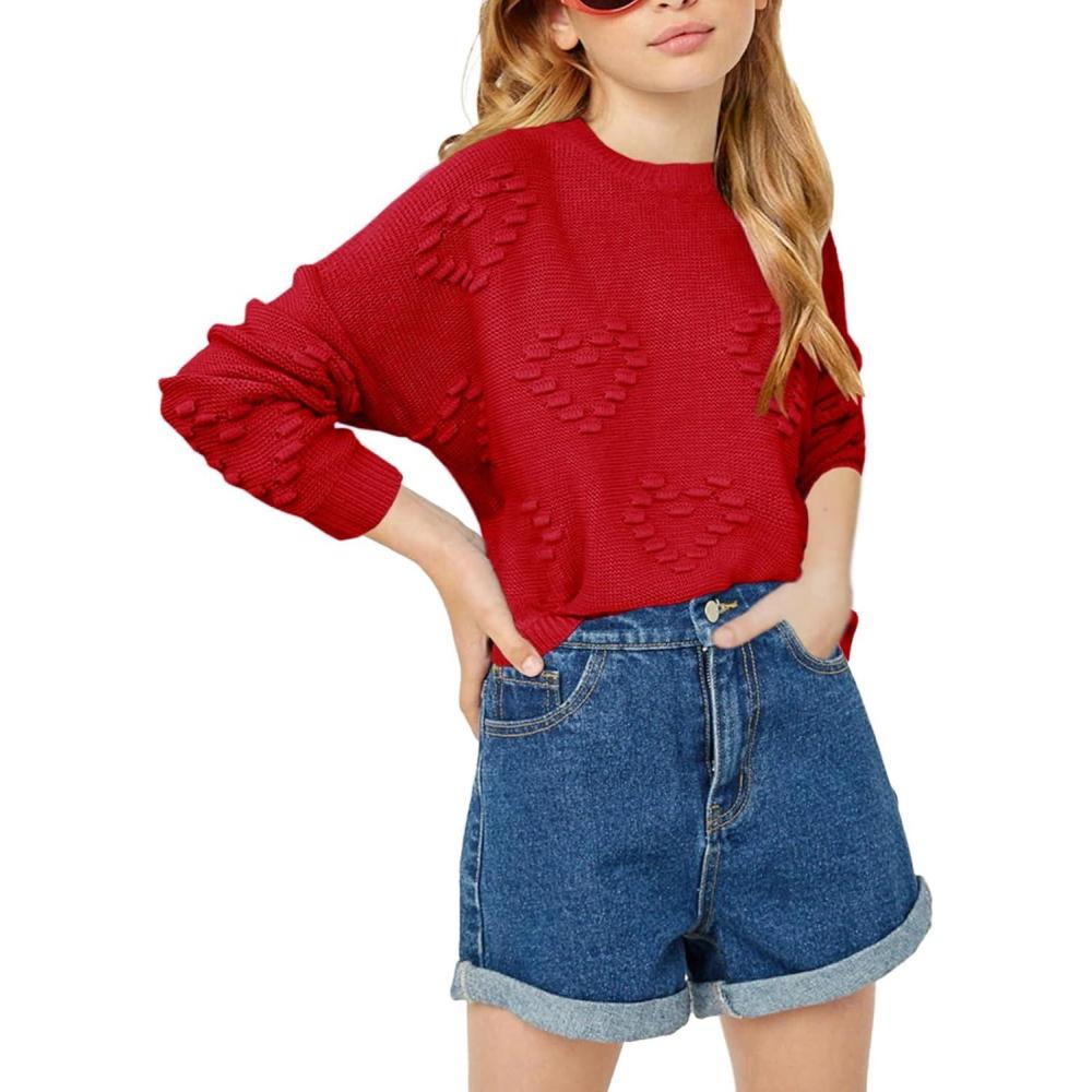 image:imageHaloumoning Girls Cute Heart Love Print Sweater Tops Oversized Crew Neck Dot Ball Knitted Valentine Pullover 514 YearsRed