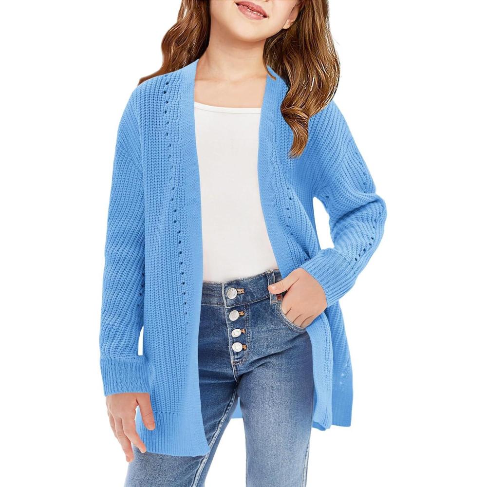 image:imageHaloumoning Girls Open Front Cardigan Sweaters Kids Fall Fashion Side Slit Outerwear 514 YearsBlue