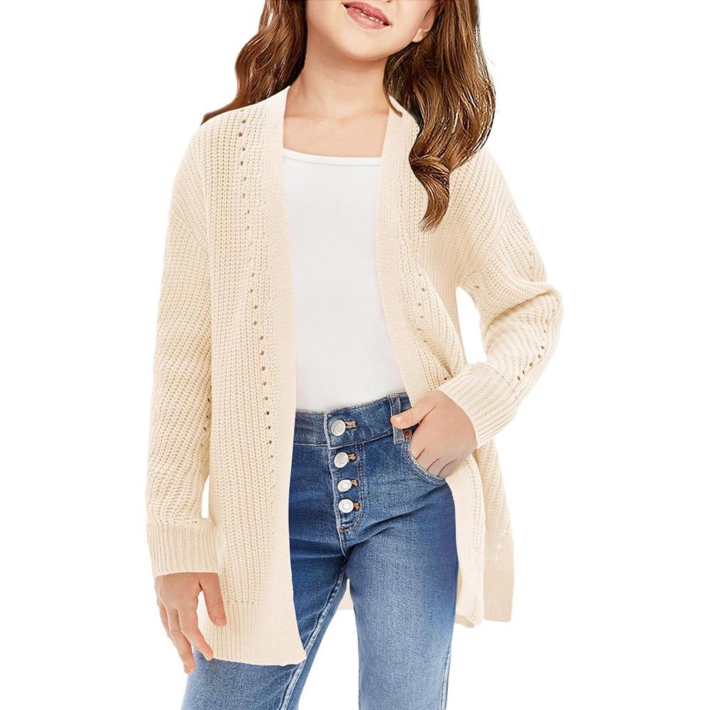 image:imageHaloumoning Girls Open Front Cardigan Sweaters Kids Fall Fashion Side Slit Outerwear 514 YearsCream