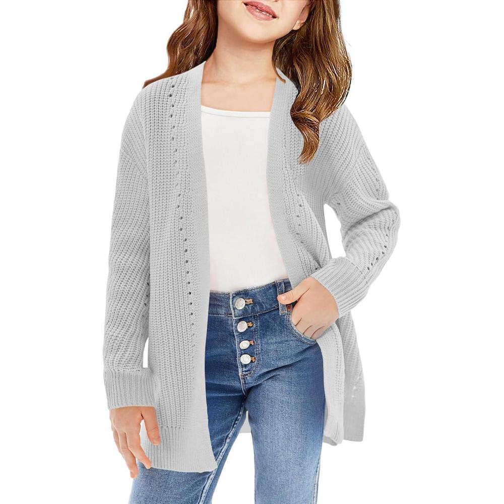 image:imageHaloumoning Girls Open Front Cardigan Sweaters Kids Fall Fashion Side Slit Outerwear 514 YearsGrey