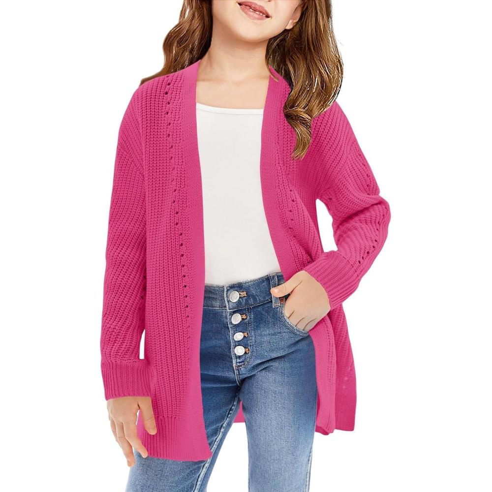 image:imageHaloumoning Girls Open Front Cardigan Sweaters Kids Fall Fashion Side Slit Outerwear 514 YearsHot Pink