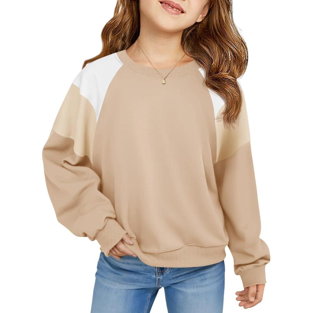 image:imageHaloumoning Girls Oversized Colorblock Sweatshirts Kids Fashion Fleece Drop Shoulder Pullover 514 YearsKhaki