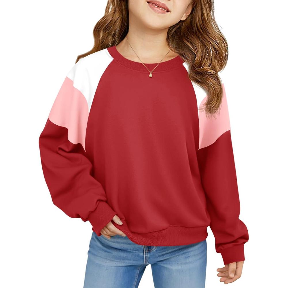 image:imageHaloumoning Girls Oversized Colorblock Sweatshirts Kids Fashion Fleece Drop Shoulder Pullover 514 YearsRed
