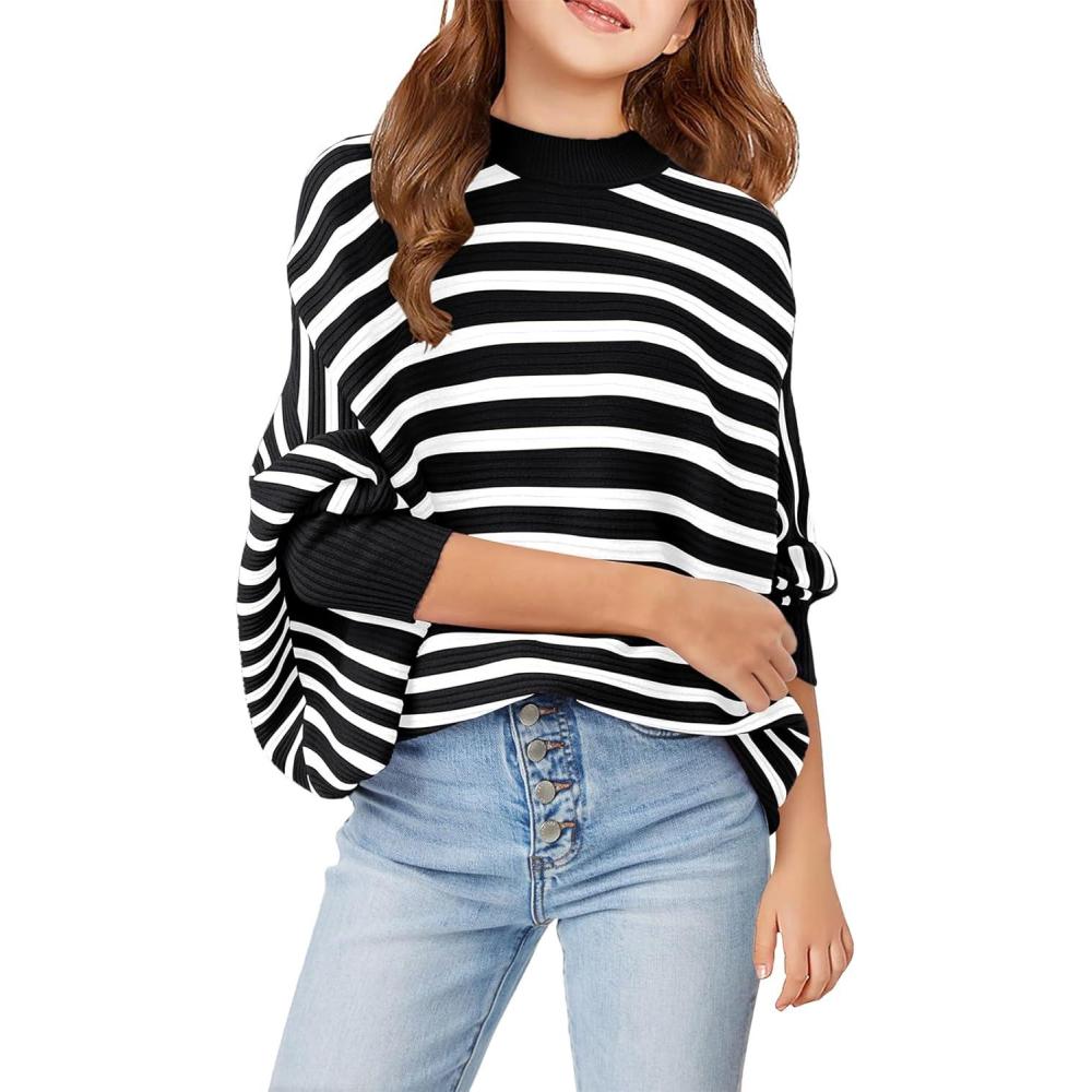 image:imageHaloumoning Girls Oversized Striped Sweater Kids Fashion Batwing Sleeve Ribbed Knit Pullover Tops 514 YearsBlack