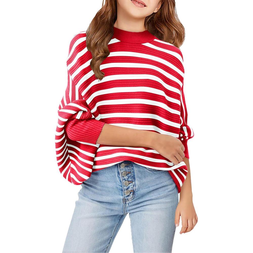 image:imageHaloumoning Girls Oversized Striped Sweater Kids Fashion Batwing Sleeve Ribbed Knit Pullover Tops 514 YearsRed