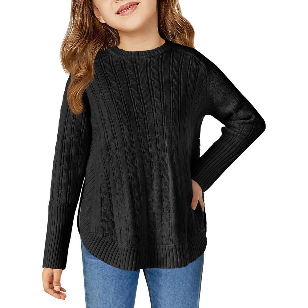 image:imageHaloumoning Girls Oversized Sweater Kids Fashion Batwing Sleeve Cable Knit Sweaters with Side Slit 514 YearsBlack
