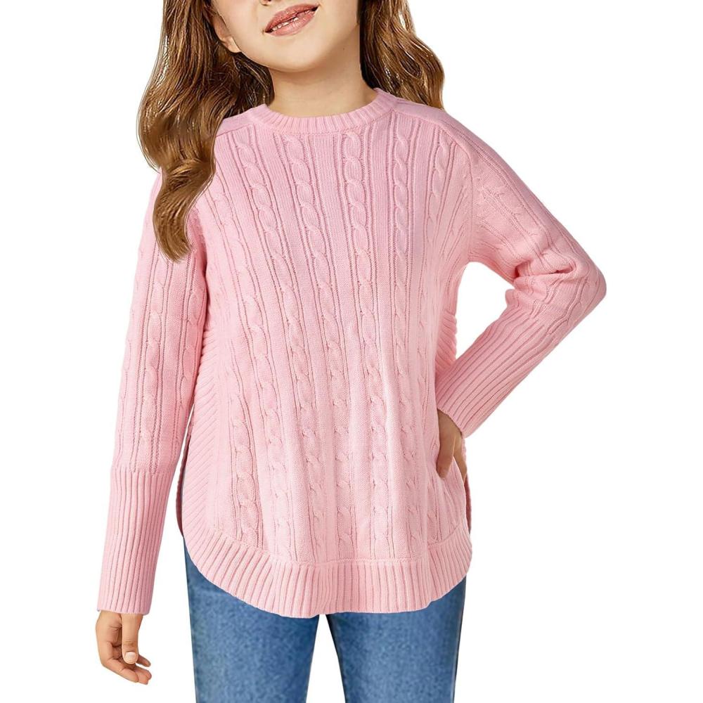 image:imageHaloumoning Girls Oversized Sweater Kids Fashion Batwing Sleeve Cable Knit Sweaters with Side Slit 514 YearsPink