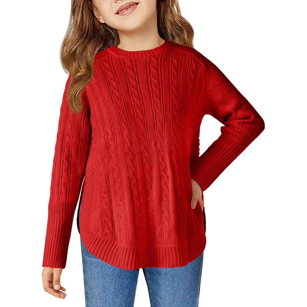 image:imageHaloumoning Girls Oversized Sweater Kids Fashion Batwing Sleeve Cable Knit Sweaters with Side Slit 514 YearsRed