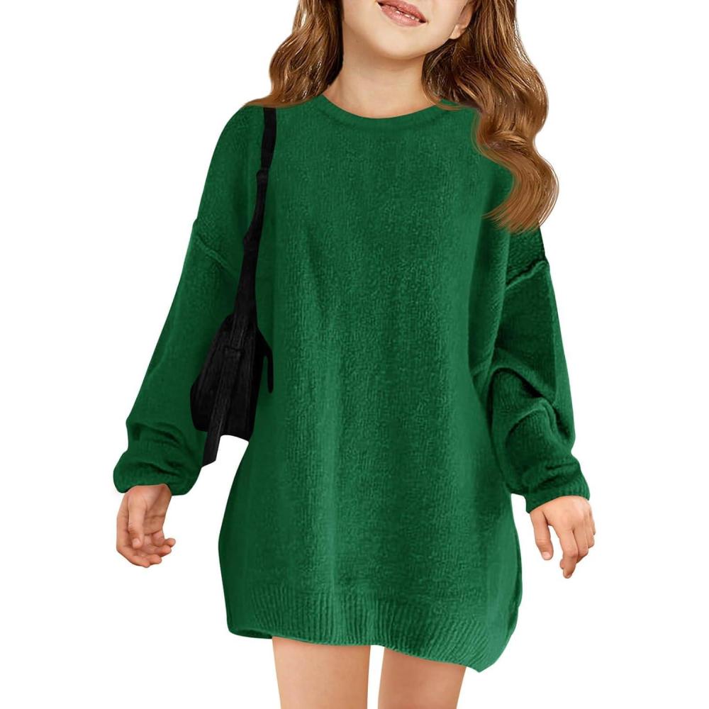 image:imageHaloumoning Girls Sweater Dress Casual Crewneck Knit Long Sleeve Fall Winter Dress Pullover 514YArmy Green