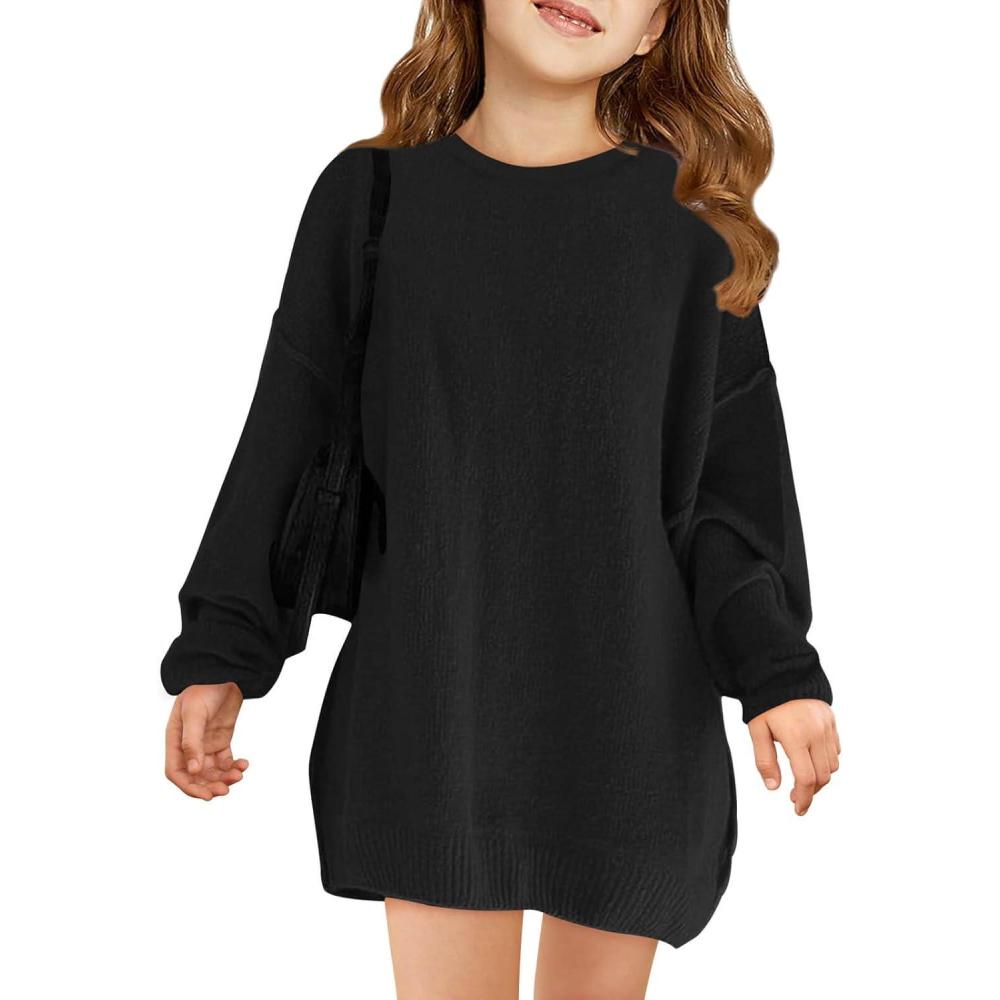 image:imageHaloumoning Girls Sweater Dress Casual Crewneck Knit Long Sleeve Fall Winter Dress Pullover 514YBlack
