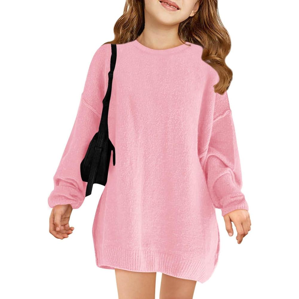 image:imageHaloumoning Girls Sweater Dress Casual Crewneck Knit Long Sleeve Fall Winter Dress Pullover 514YPink