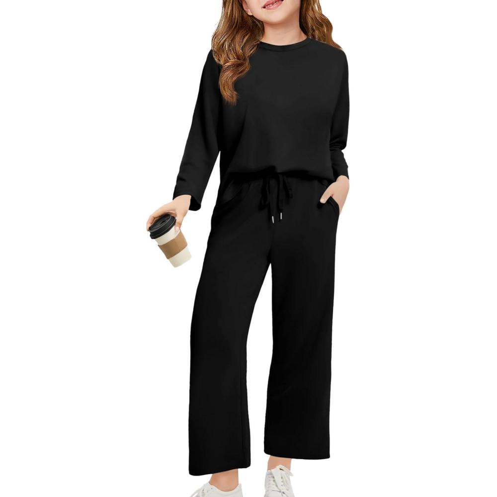 image:imageHaloumoning Girls Sweatsuit Kids Fashion Long Sleeve Sweatshirt and Wide Leg Pants Tracksuit Sets 2 Piece OutfitsBlack