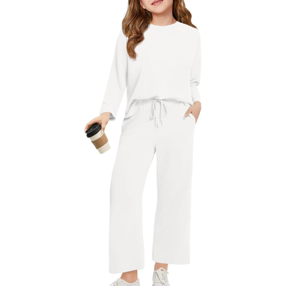 image:imageHaloumoning Girls Sweatsuit Kids Fashion Long Sleeve Sweatshirt and Wide Leg Pants Tracksuit Sets 2 Piece OutfitsWhite