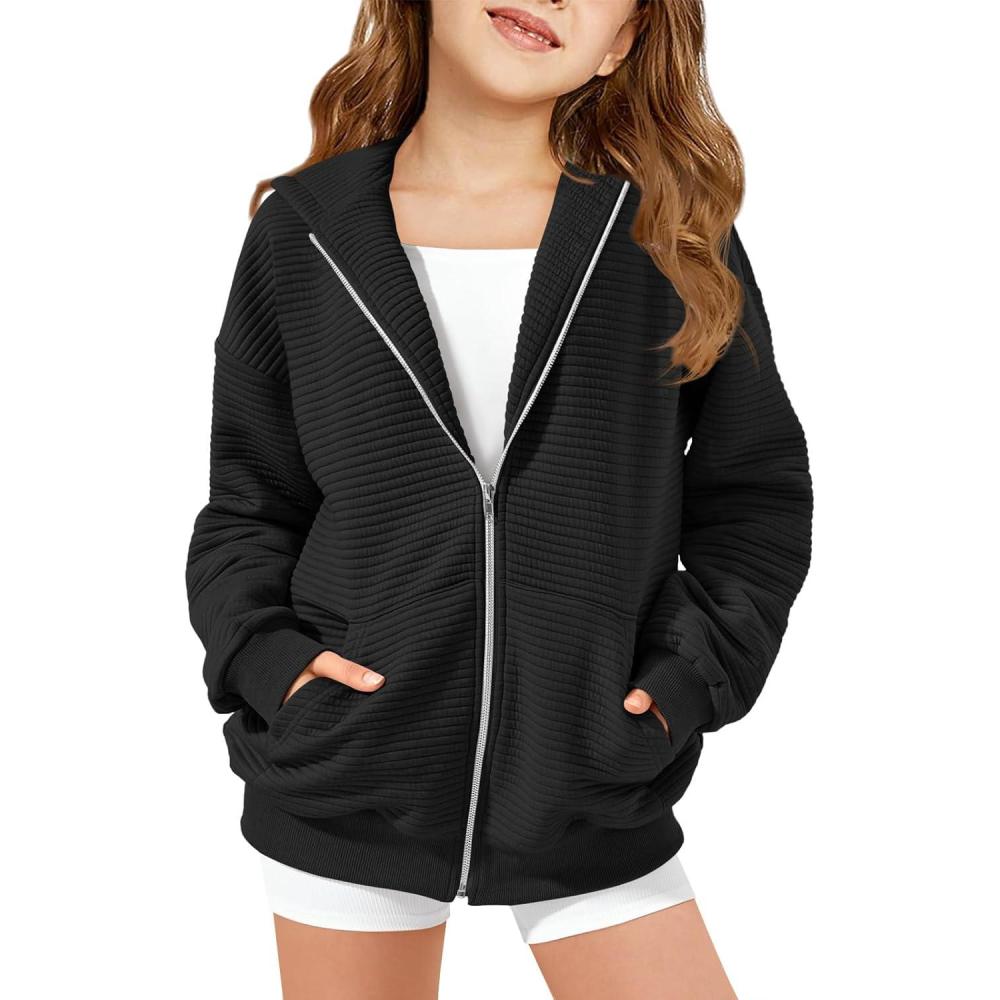 image:imageHaloumoning Girls Zip Up Hoodie Kids Fashion Oversized Textured Sweatshirt Jacket with Pockets 514 YearsBlack