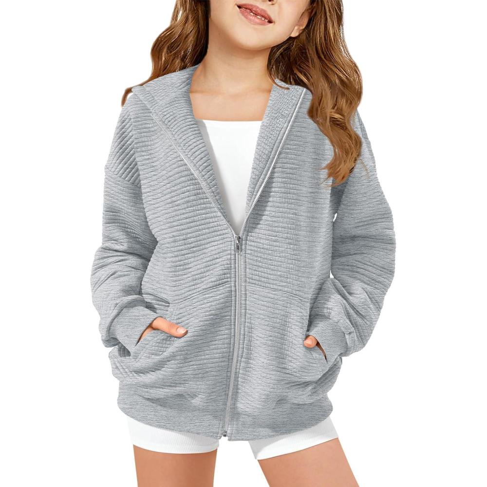 image:imageHaloumoning Girls Zip Up Hoodie Kids Fashion Oversized Textured Sweatshirt Jacket with Pockets 514 YearsGrey