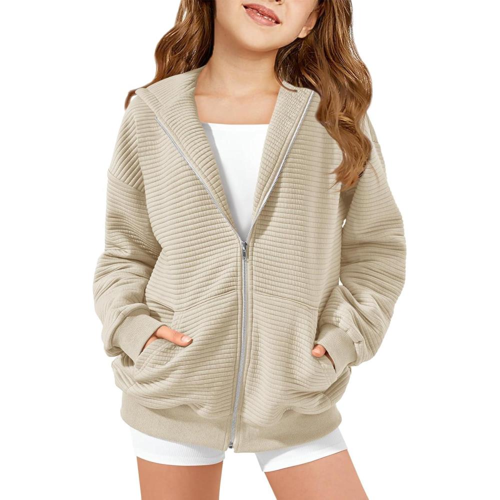 image:imageHaloumoning Girls Zip Up Hoodie Kids Fashion Oversized Textured Sweatshirt Jacket with Pockets 514 YearsKhaki