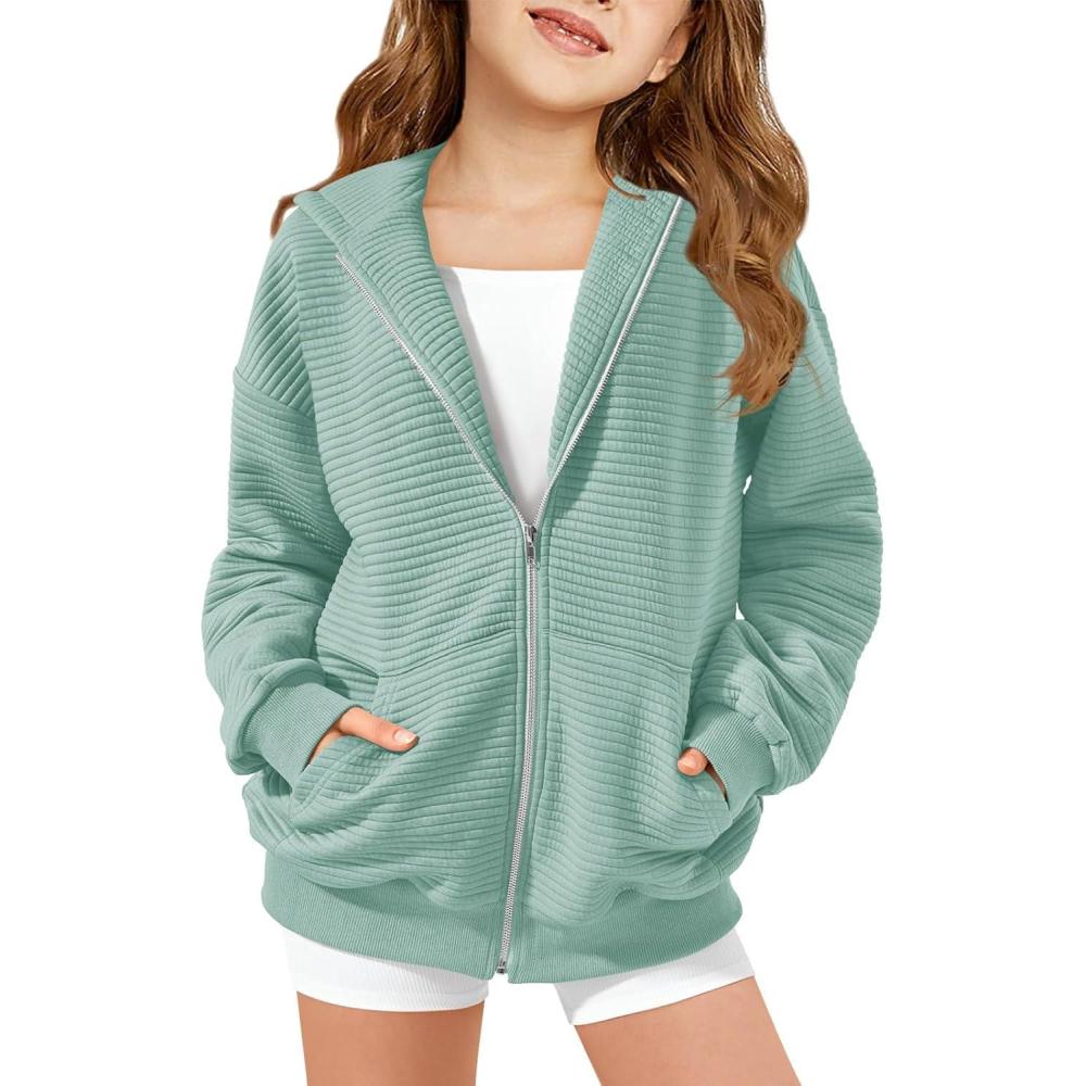 image:imageHaloumoning Girls Zip Up Hoodie Kids Fashion Oversized Textured Sweatshirt Jacket with Pockets 514 YearsLight Green
