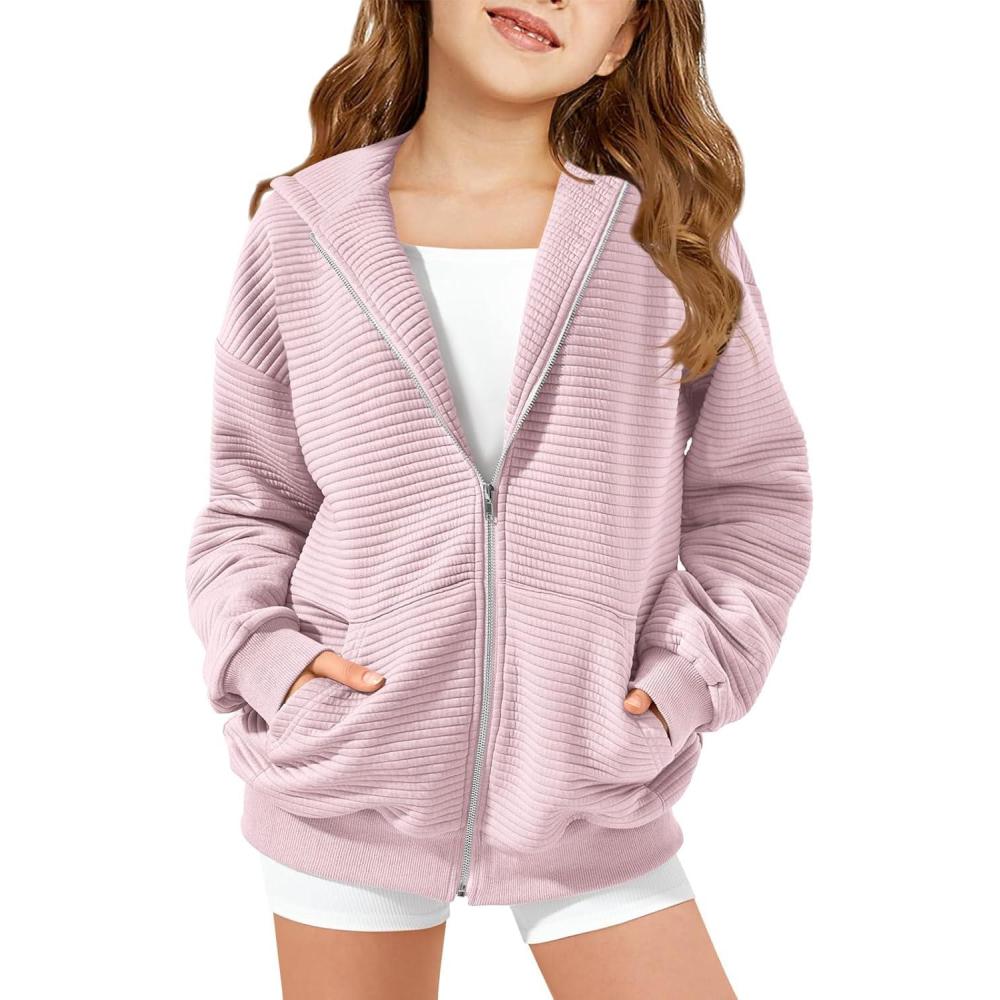image:imageHaloumoning Girls Zip Up Hoodie Kids Fashion Oversized Textured Sweatshirt Jacket with Pockets 514 YearsPink