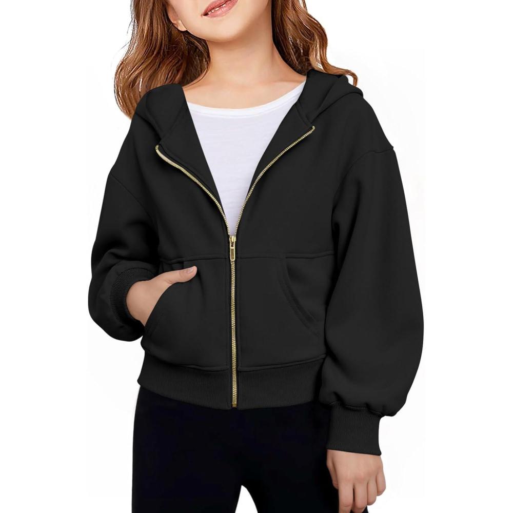 image:imageHaloumoning Girls Zip Up Hoodies Kids Casual Long Sleeve Sweatshirt Fall Jacket with Pockets 514 YearsBlack