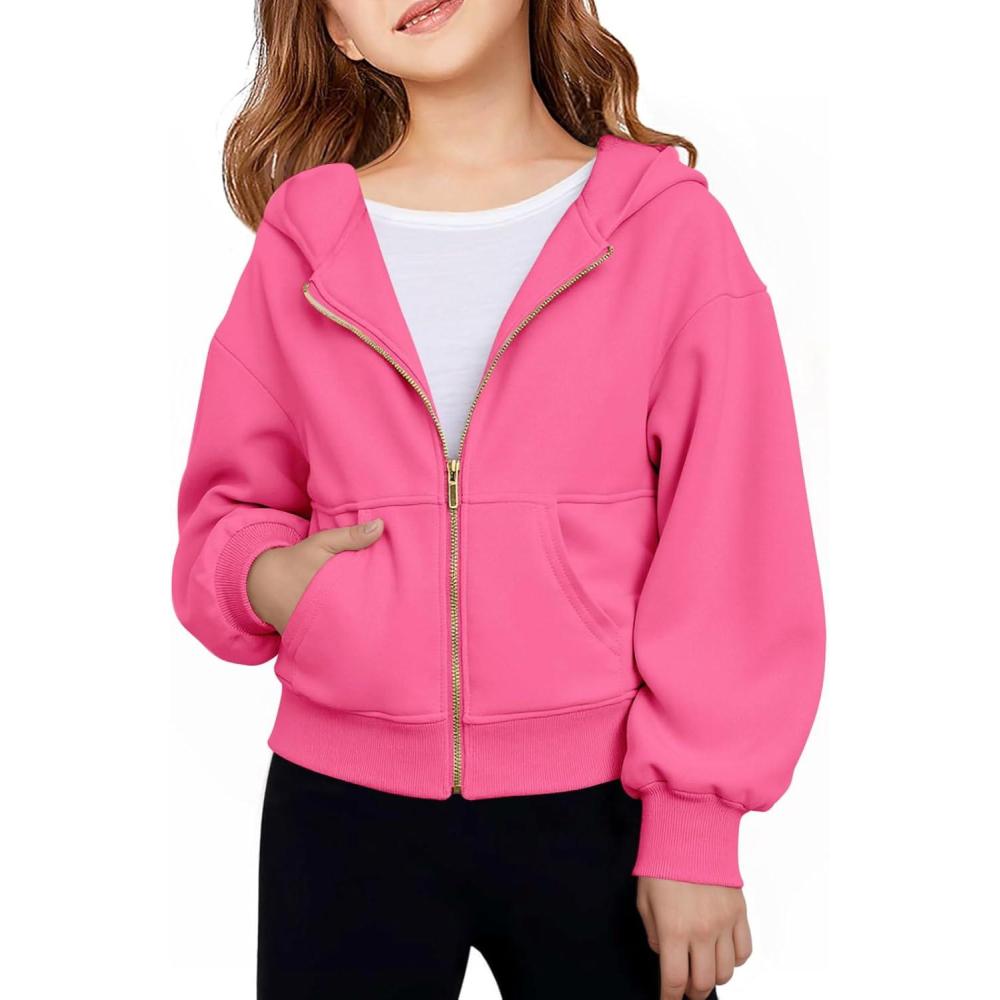 image:imageHaloumoning Girls Zip Up Hoodies Kids Casual Long Sleeve Sweatshirt Fall Jacket with Pockets 514 YearsHot Pink