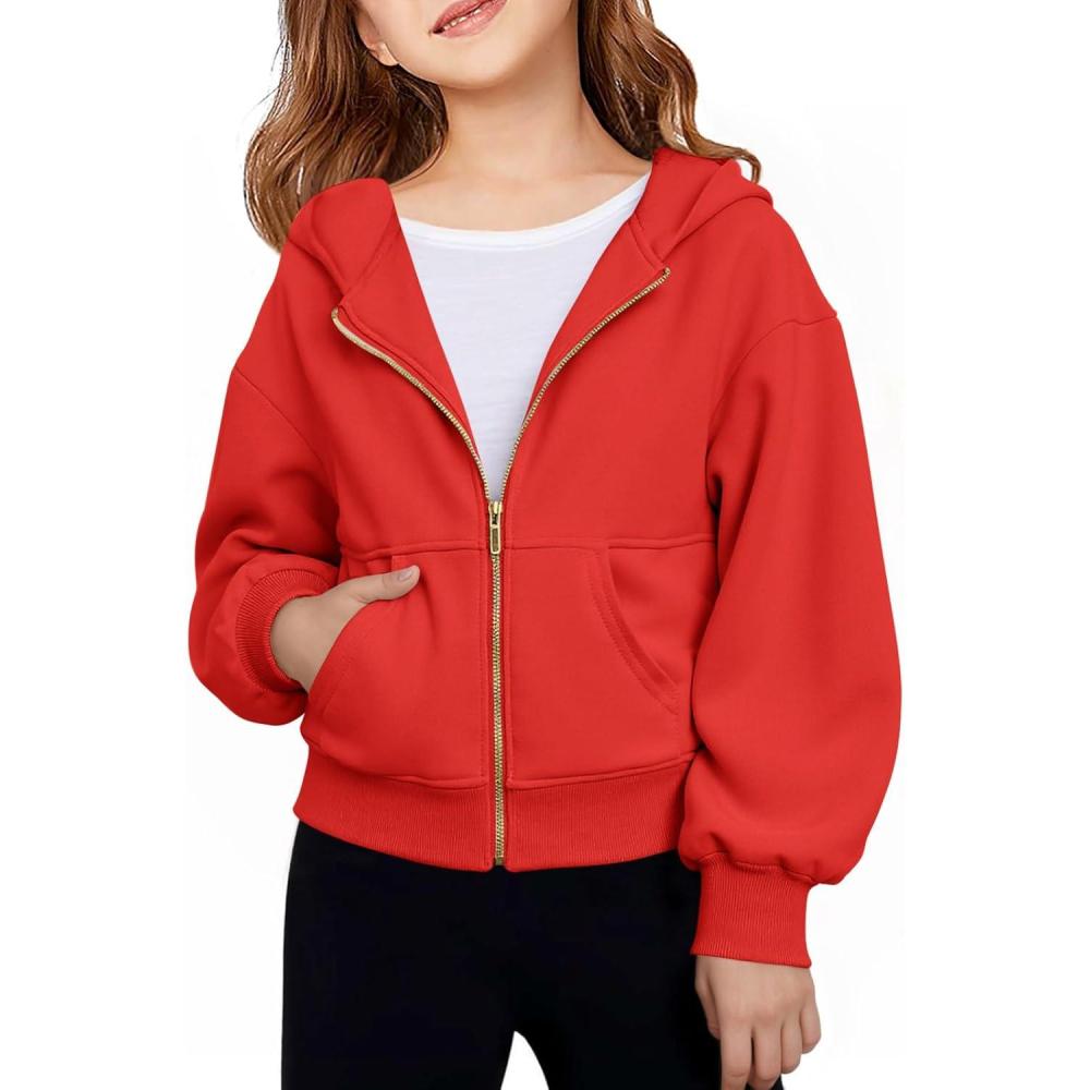 image:imageHaloumoning Girls Zip Up Hoodies Kids Casual Long Sleeve Sweatshirt Fall Jacket with Pockets 514 YearsRed