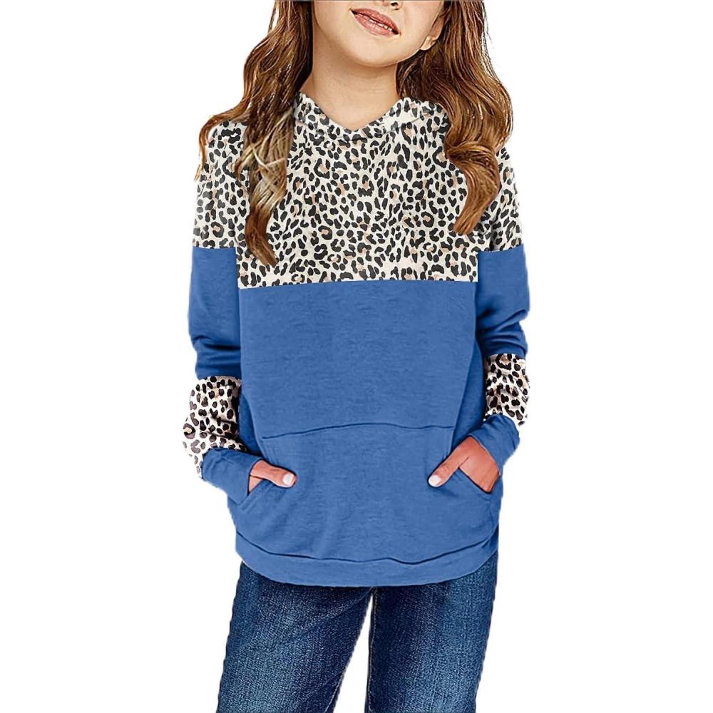 image:imageHaloumoning Kids Girls Pullover Hoodies Cute Leopard Printed Hooded Sweatshirts with Pockets 415 YearsDblue