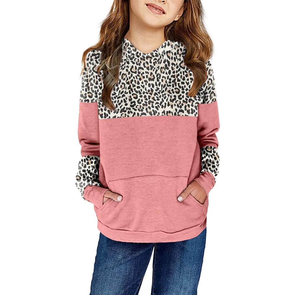 image:imageHaloumoning Kids Girls Pullover Hoodies Cute Leopard Printed Hooded Sweatshirts with Pockets 415 YearsDpink