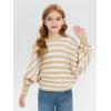Haloumoning Girls Oversized Striped Sweater Kids Fashion Batwing Sleeve Ribbed Knit Pullover Tops 5-14 Years(Beige)