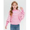 Haloumoning Girls Oversized Striped Sweater Kids Fashion Batwing Sleeve Ribbed Knit Pullover Tops 5-14 Years(Pink)