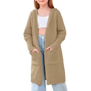 Girls Hooded Long Cardigan Kids Fashion Open Front Knit Sweater Outerwear Coat 5-14 Years(Apricot)