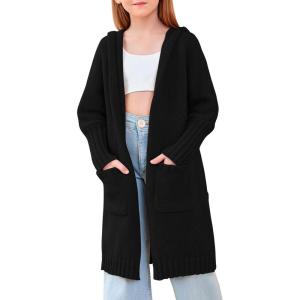 Girls Hooded Long Cardigan Kids Fashion Open Front Knit Sweater Outerwear Coat 5-14 Years(Black)