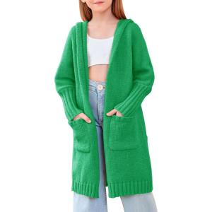Girls Hooded Long Cardigan Kids Fashion Open Front Knit Sweater Outerwear Coat 5-14 Years(Green)