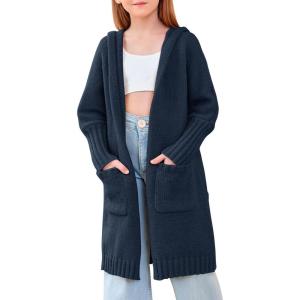 Girls Hooded Long Cardigan Kids Fashion Open Front Knit Sweater Outerwear Coat 5-14 Years(Navy Blue)