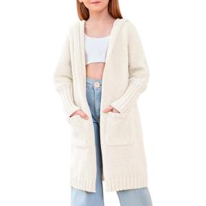Girls Hooded Long Cardigan Kids Fashion Open Front Knit Sweater Outerwear Coat 5-14 Years(White)