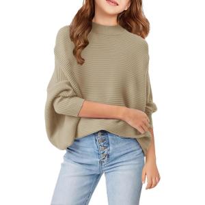 Girls Oversized Sweater Kids Fashion Batwing Sleeve Ribbed Knit Pullover Tops 5-14 Years(Khaki)