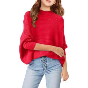 Girls Oversized Sweater Kids Fashion Batwing Sleeve Ribbed Knit Pullover Tops 5-14 Years(Red)