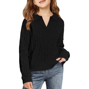 Girls Sweaters Kids Fashion Cable Knit Collared V Neck Pullover Sweater Tops 5-14 Years(Black)