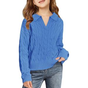 Girls Sweaters Kids Fashion Cable Knit Collared V Neck Pullover Sweater Tops 5-14 Years(Blue)