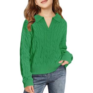 Girls Sweaters Kids Fashion Cable Knit Collared V Neck Pullover Sweater Tops 5-14 Years(Green)