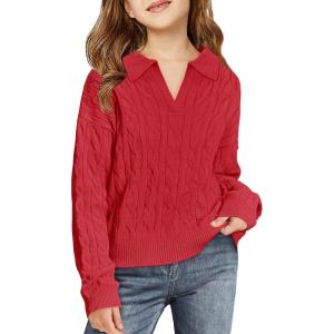 Girls Sweaters Kids Fashion Cable Knit Collared V Neck Pullover Sweater Tops 5-14 Years(Red)