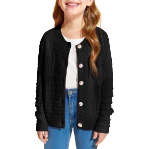 Haloumoning Girls Button Down Cardigan Jackets Kids Long Sleeve Cable Knit Sweaters 5-14 Years(Black)