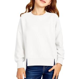Haloumoning Girls Casual Crewneck Sweatshirt Kids Long Sleeve Side Slit Oversized Pullover Tops 5-14Y(White)